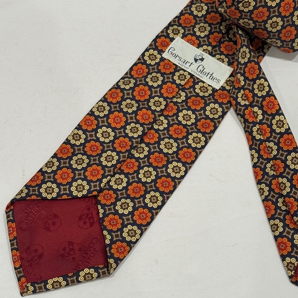 Gorsart‎ Clothes Silk Tie Mens OS Navy Orange Ornate Geometric Medallion Formal - Picture 5 of 7